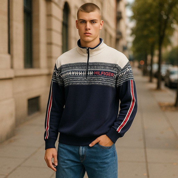 Tommy Hilfiger Spell out Blue Fair Isle 1/4 zip Fleece Sweater Men's Med - Picture 1 of 8